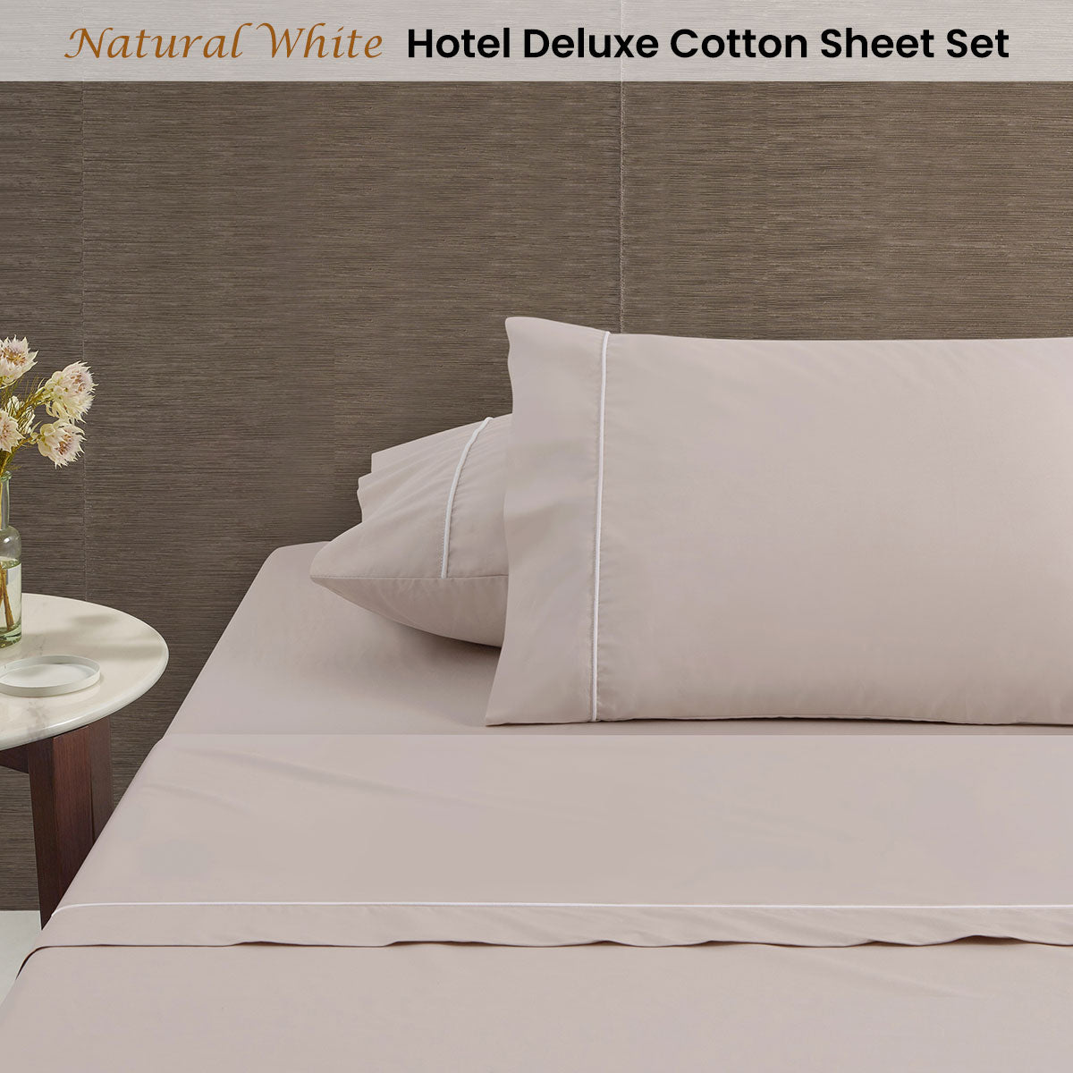 Accessorize White/Natural Piped Hotel Deluxe Cotton Sheet Set Queen