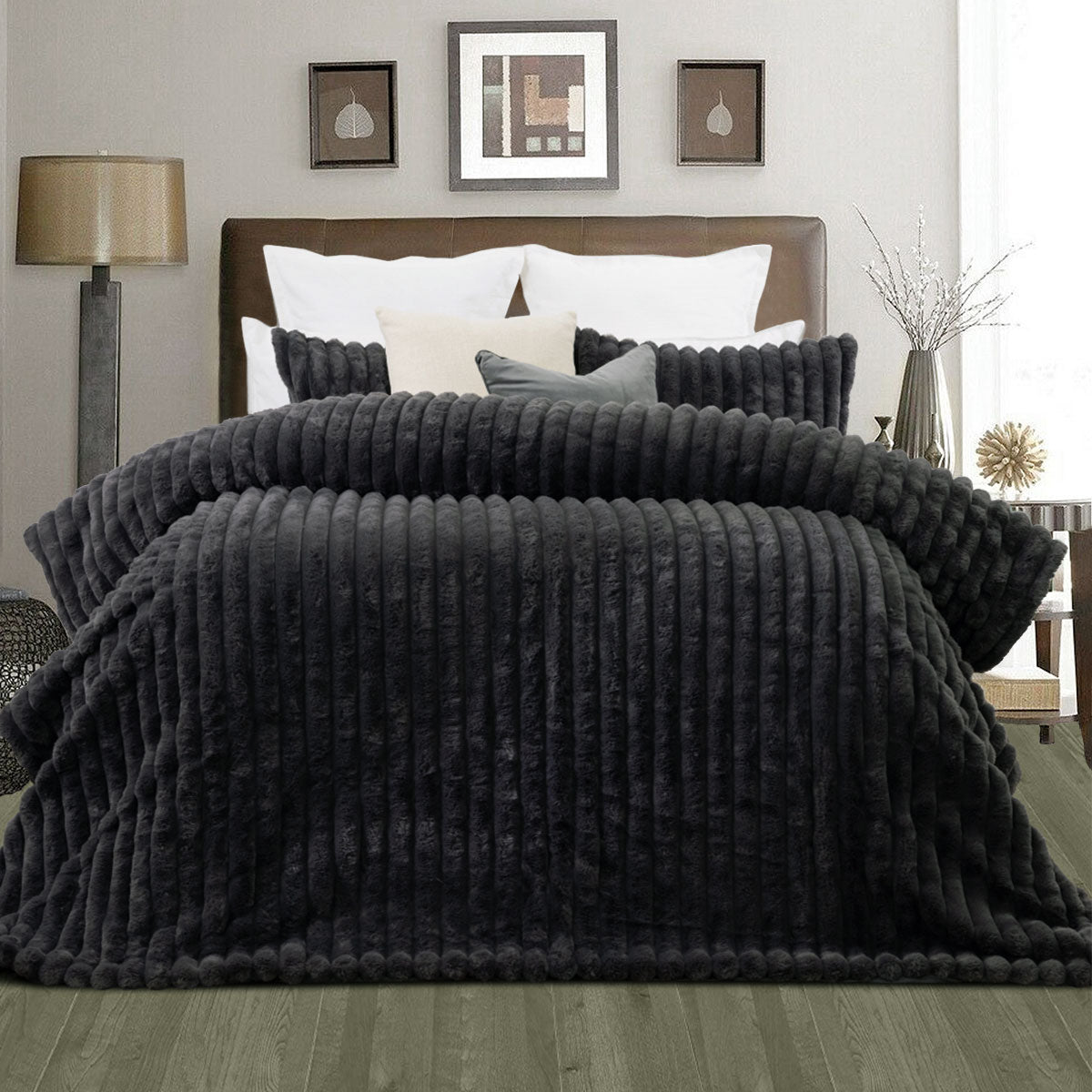 Jane Barrington Arna Charcoal 3 Pcs Channel Faux Bunny Fur Comforter Set Queen