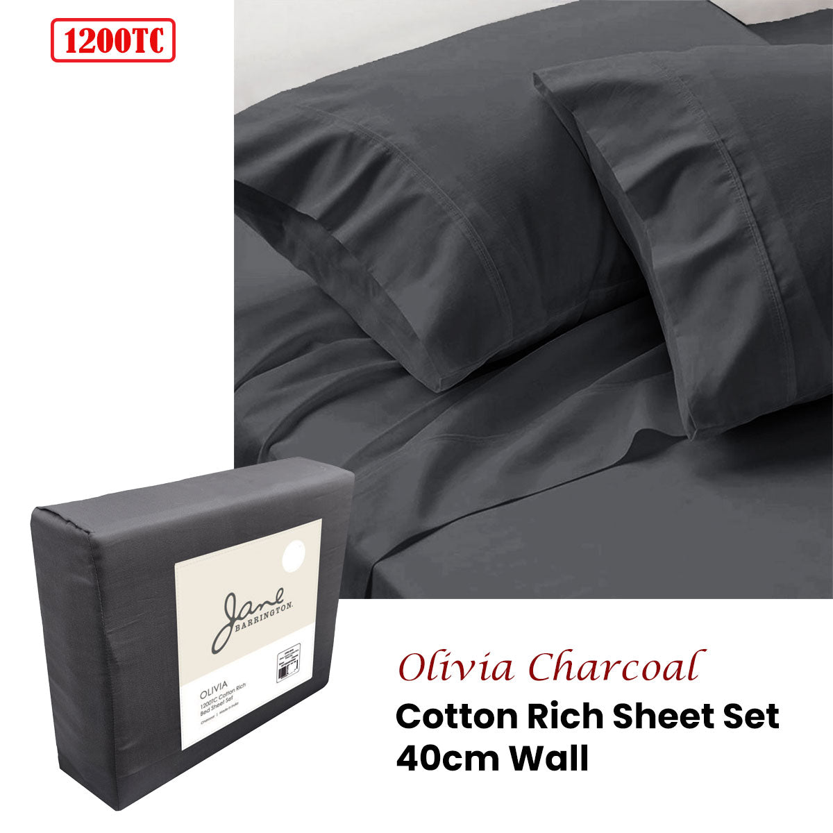 Sheet Set Jane Barrington 1200TC Olivia Cotton Rich 40cm Wall - Charcoal Queen