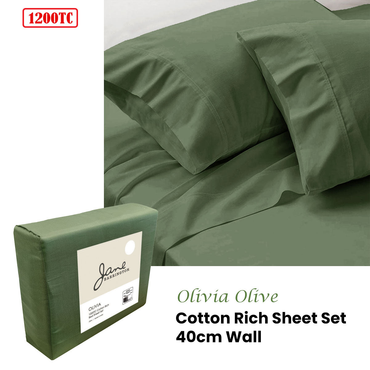 Sheet Set Jane Barrington 1200TC Olivia Cotton Rich 40CM Wall - Olive King