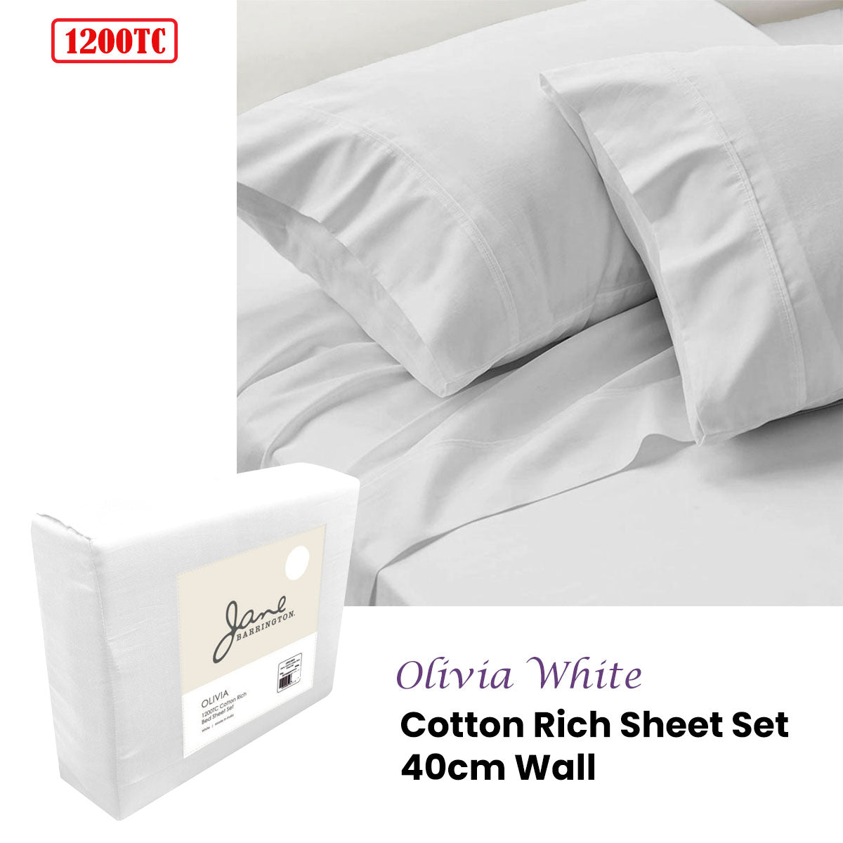 Jane Barrington 1200TC Olivia Cotton Rich Sheet Set 40cm Wall White Queen