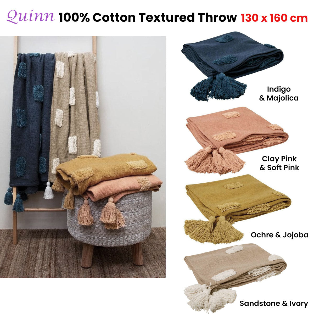 J Elliot Home Quinn Textured Throw 100% Cotton 130x160cm - Ochre & Jojoba