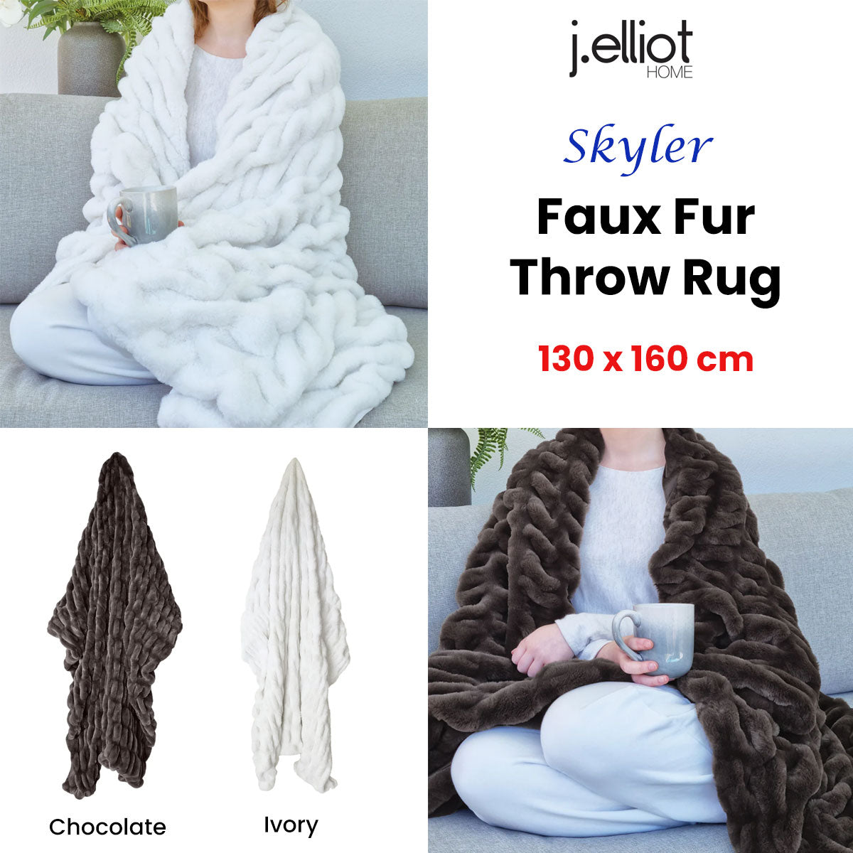 Faux Fur Throw Rug J Elliot Home Skyler Ivory 130 x 160 cm