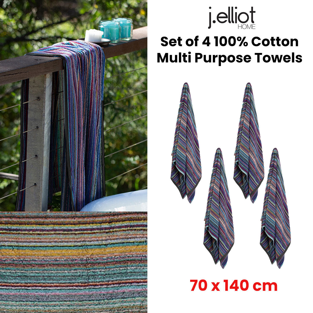 J Elliot Home Multi-Purpose Towels Set of 4 100% Cotton - 70x140cm