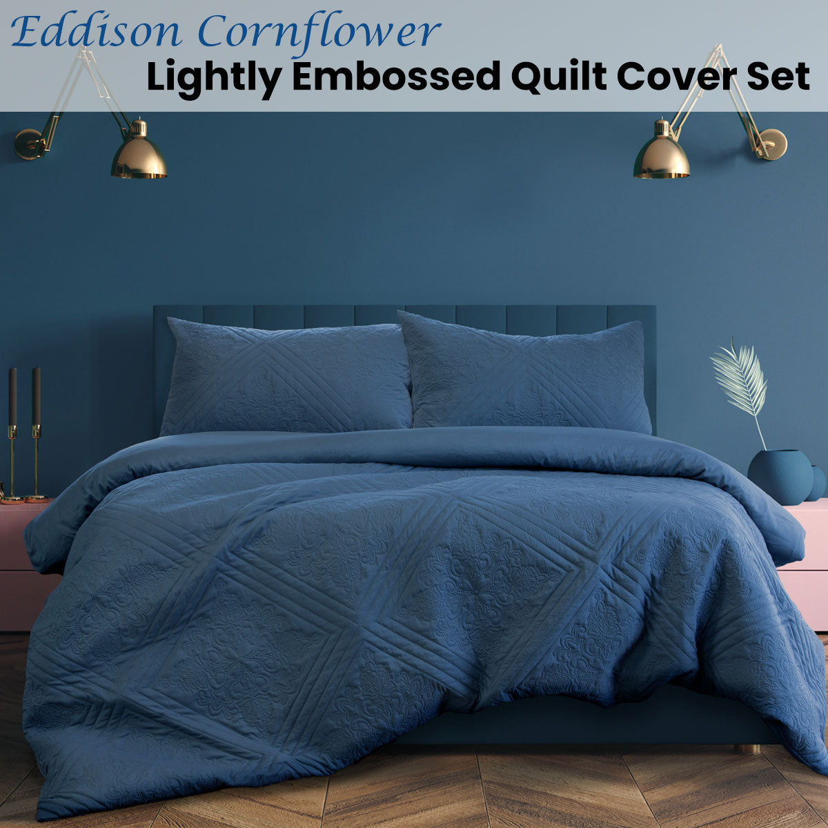 Quilt Cover Set Eddison Cornflower Light Quilted Embossed Queen - Ardor