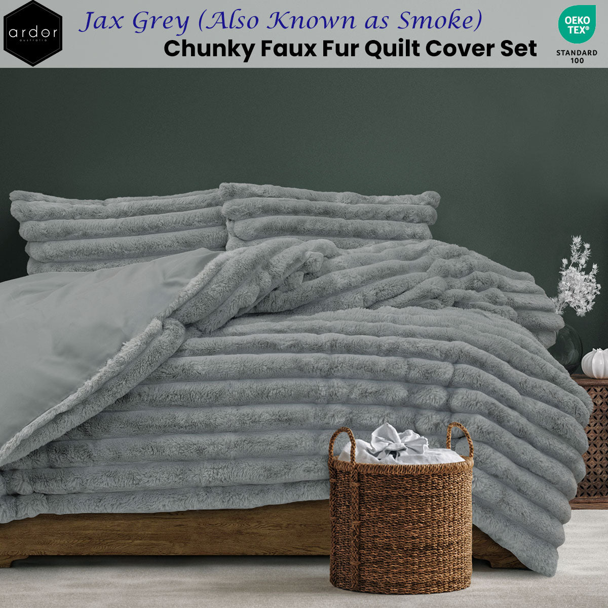 Ardor Jax Grey Chunky Faux Fur Quilt Cover Set Queen