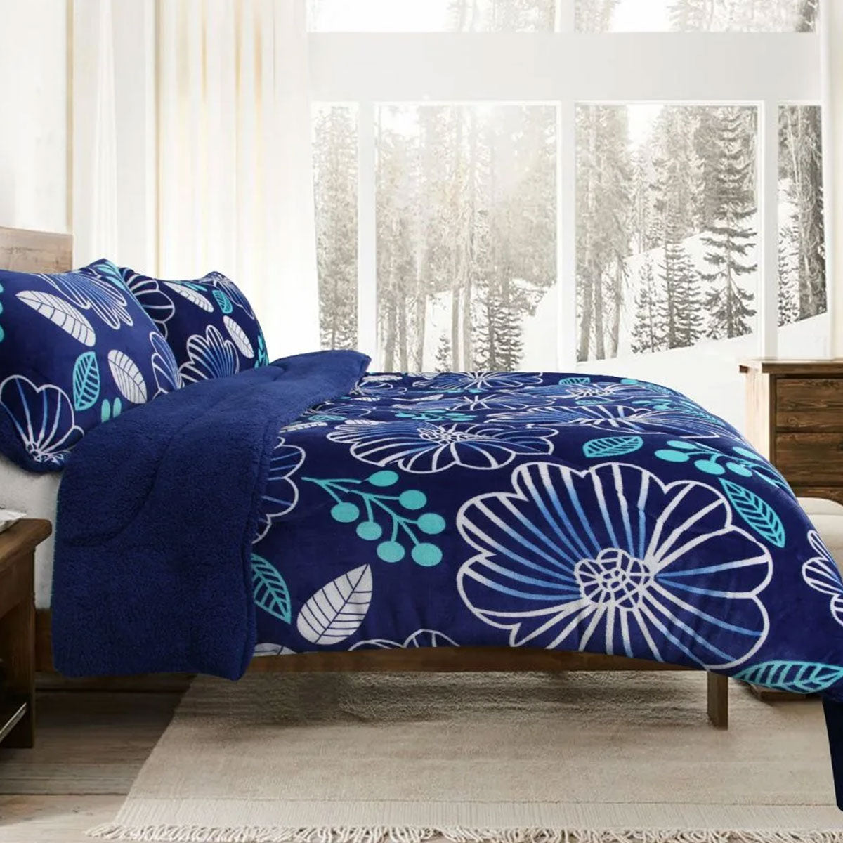 Ramesses Blue Flower Printed Sherpa Flannel Fleece Reversible Blanket Set Single/Double