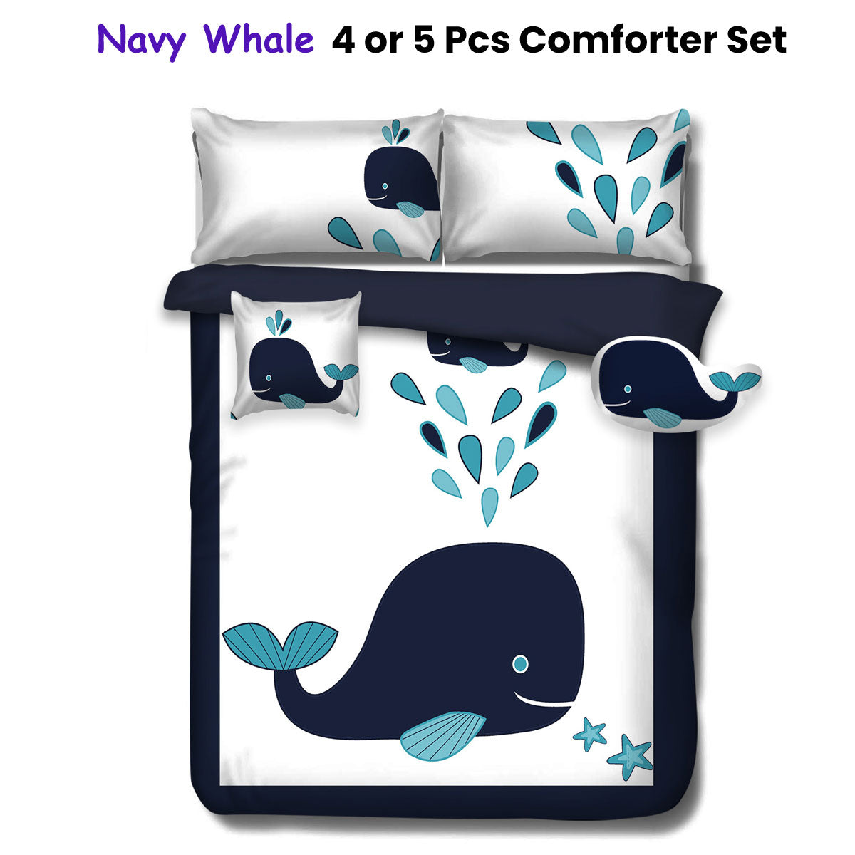 Comforter Set Ramesses Navy Whale Kids Adventure 5 Pcs - Double