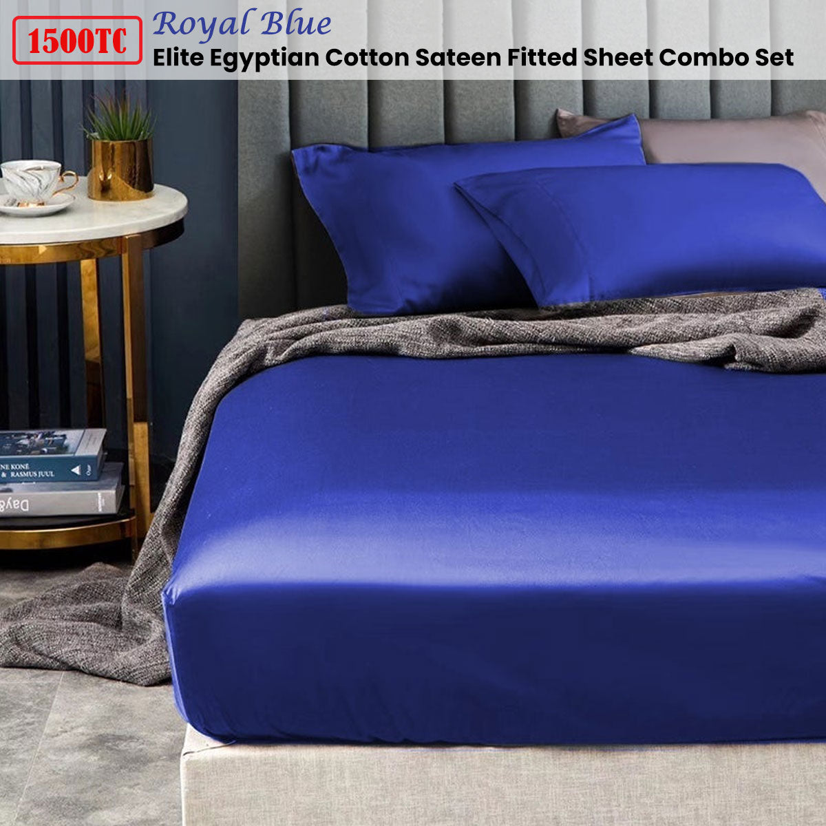 Ramesses 1500TC Elite Egyptian Cotton Sateen Fitted Sheet Combo Set Royal Blue Mega Queen