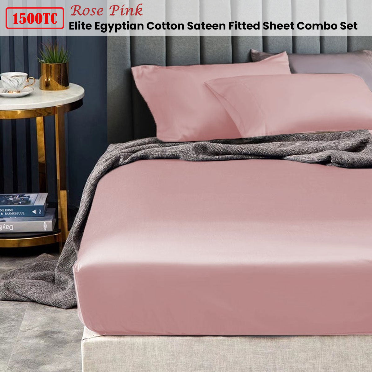 Ramesses 1500TC Elite Egyptian Cotton Sateen Fitted Sheet Combo Set Rose Pink Single