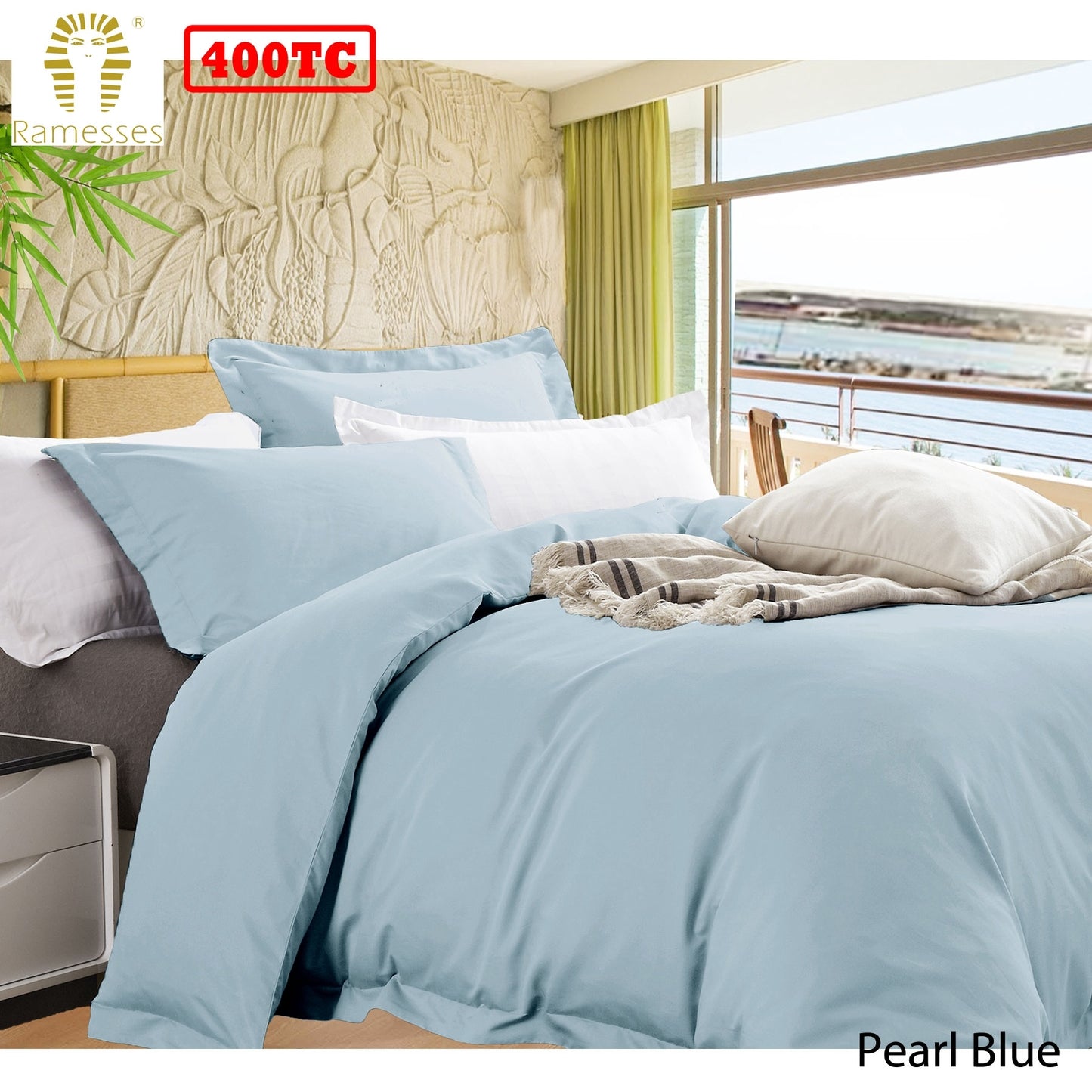Ramesses Bamboo Cotton Quilt Cover Set Queen - Pearl Blue