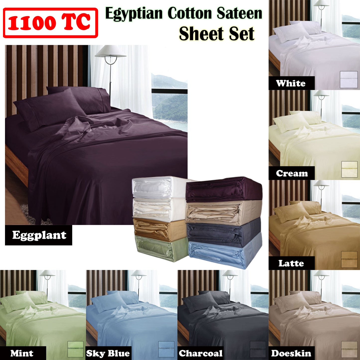 Ramesses 1100TC Egyptian Cotton Sateen Sheet Set Queen - Doeskin