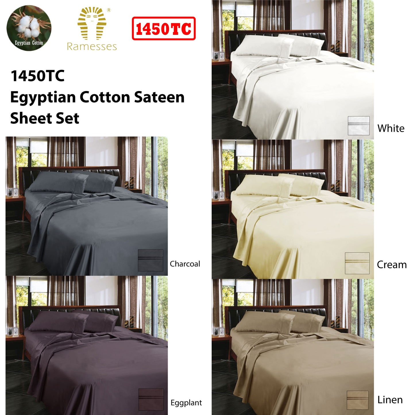 Egyptian Cotton Sateen Sheet Set Ramesses 1450TC - Cream King