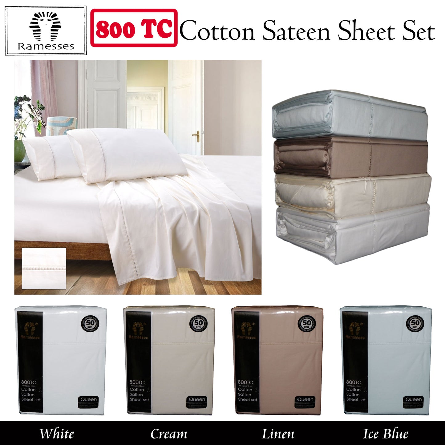 Cotton Sateen Sheet Set 800TC Ramesses - White Queen