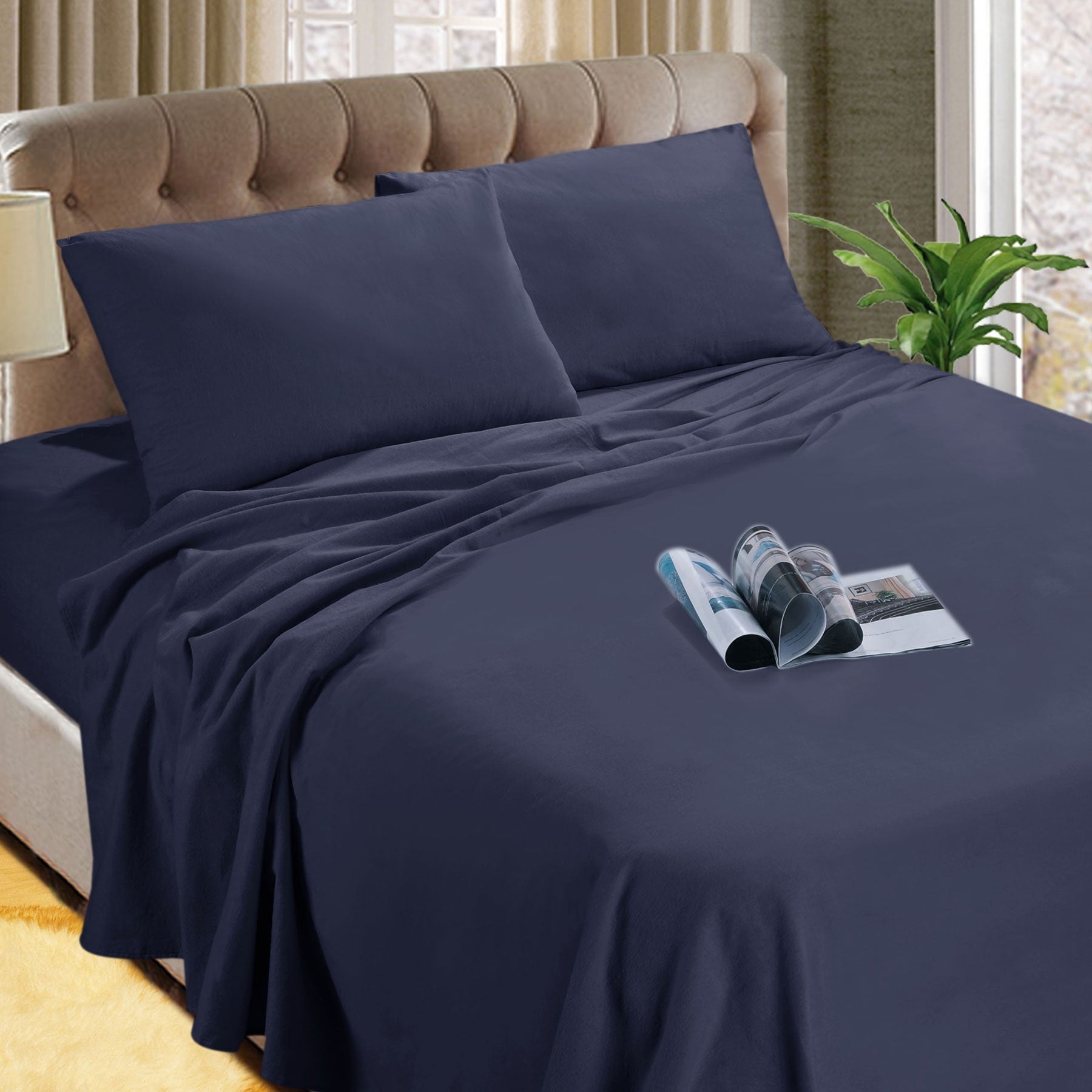 Kingtex Micro Flannelette Sheet Set 40 cm Wall Denim Double