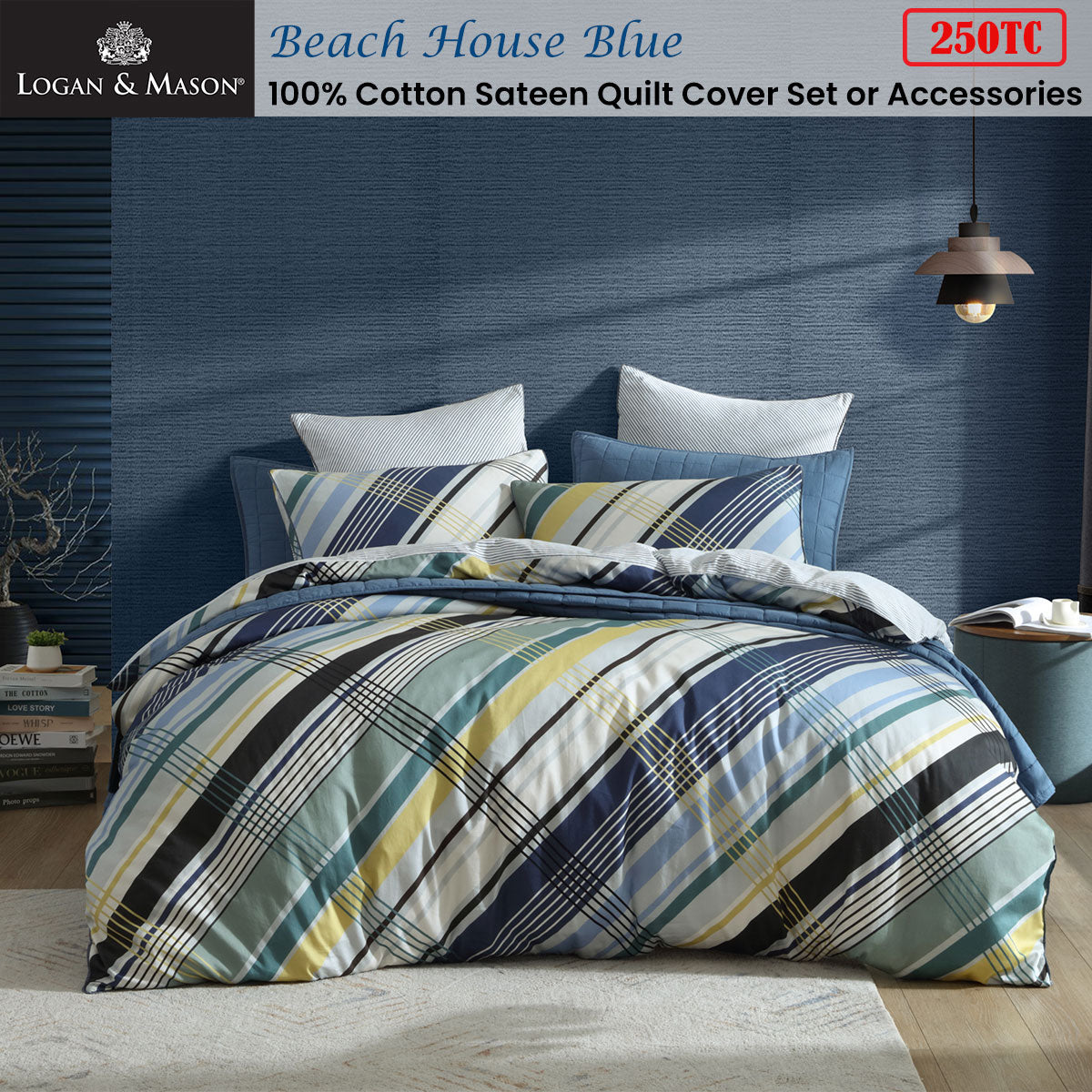 Logan & Mason Beach House Blue 250TC 100% Cotton Sateen Quilt Cover Set Queen