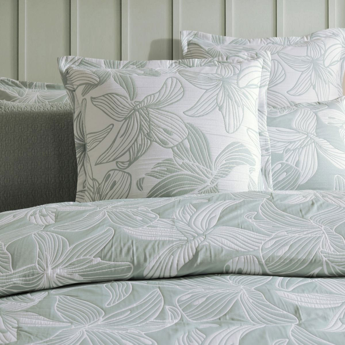 Platinum Collection Grace Sage Polyester Cotton Jacquard Quilt Cover Set Super King