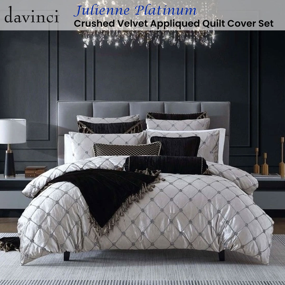 Julienne Platinum Crushed Velvet Applique Quilt Cover Set King