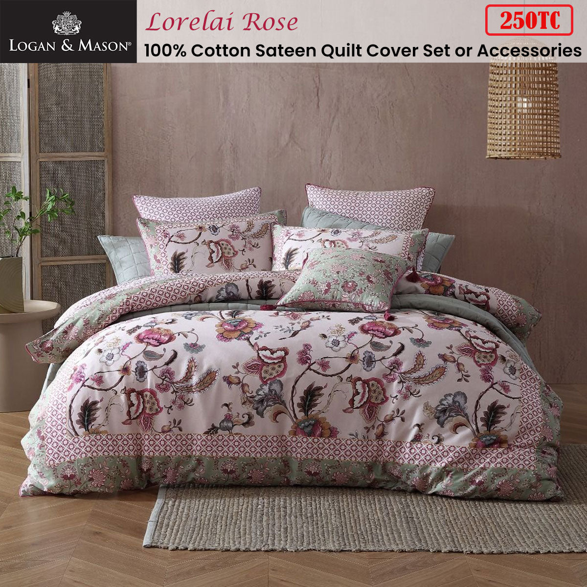 Logan & Mason Lorelai Rose 250TC 100% Cotton Sateen Quilt Cover Set Queen