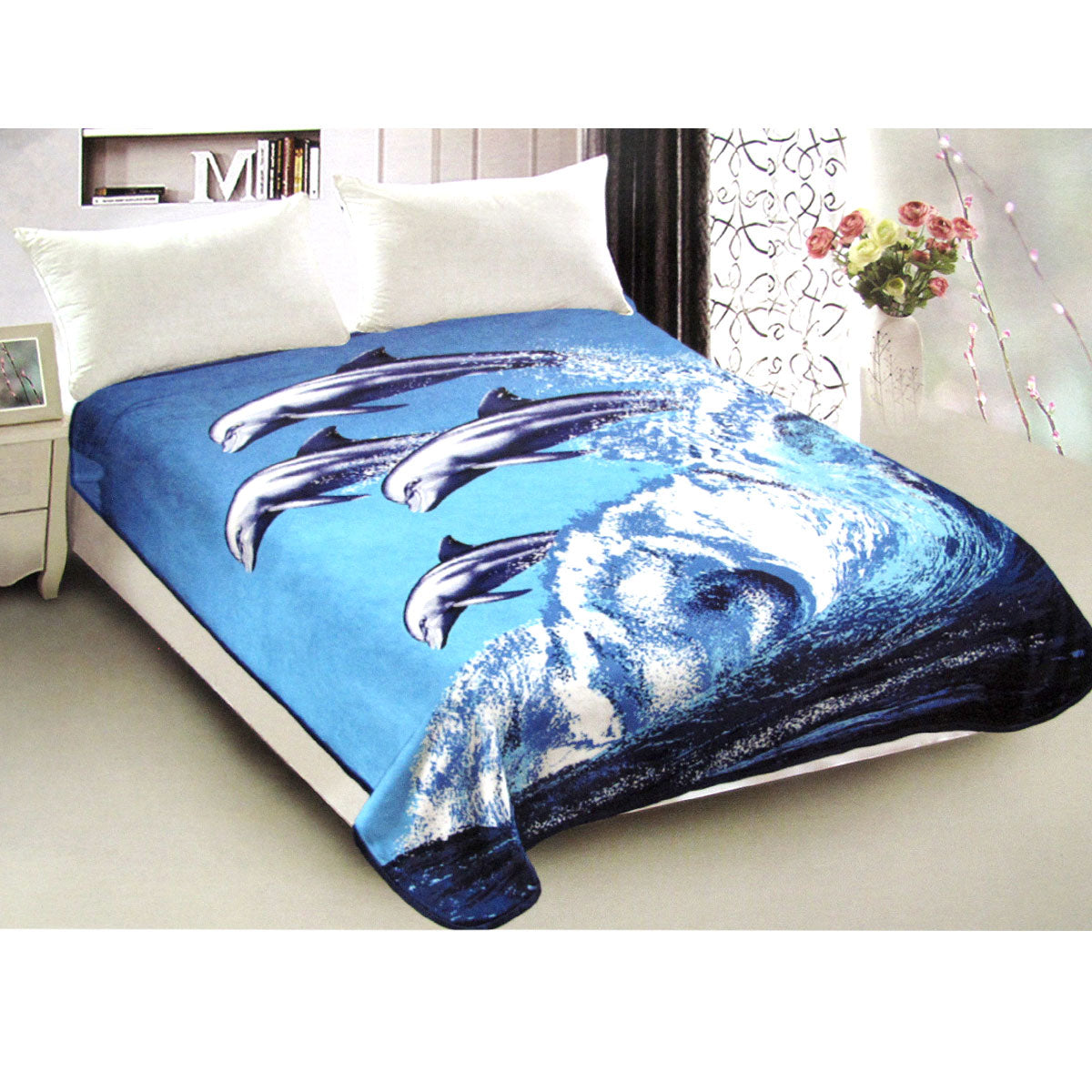 800GSM Luxury Reversible Animal Pattern Mink Blanket Queen 200 x 240 cm Jumping Dolphins