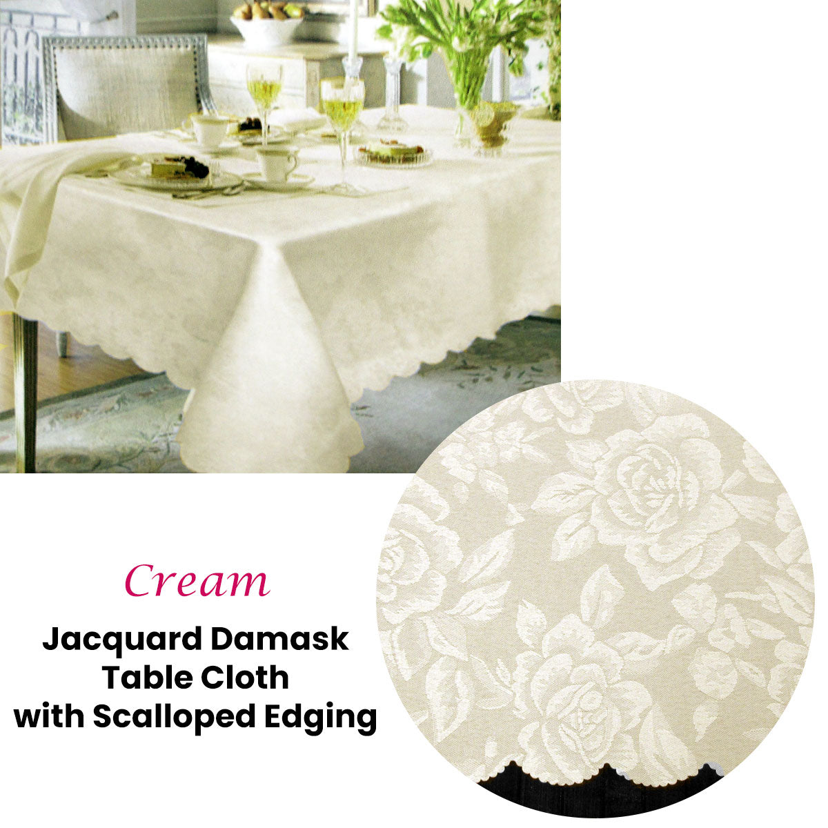 Table Cloth Jacquard Damask Design with Scalloped Edging - Cream 150 x 220 cm