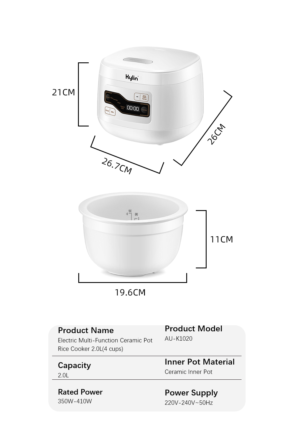 Rice Cooker Kylin Multi-Function 4 Cups Ceramic Pot 2L White AU-K1020