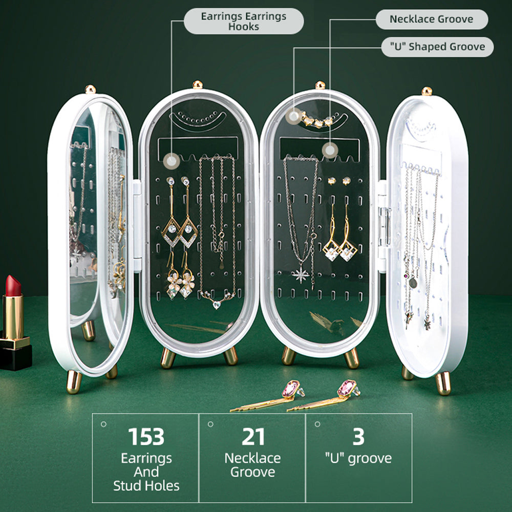 Jewellery Storage Box Earrings Display Necklace Organiser 4 Doors Foldable Screen (White)