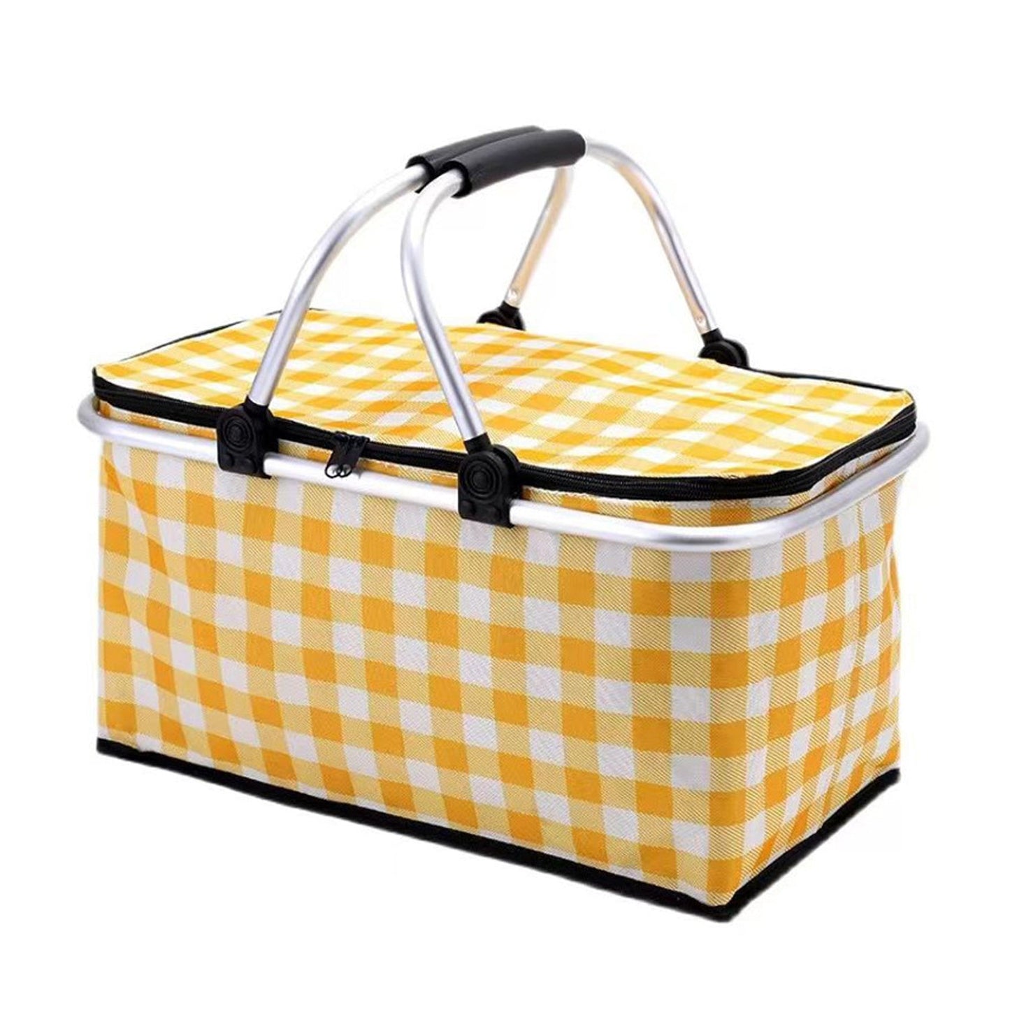 Collapsible Outdoor Camping Portable Insulated Picnic Basket Camping Picnic Ice Pack(Yellow Grid)