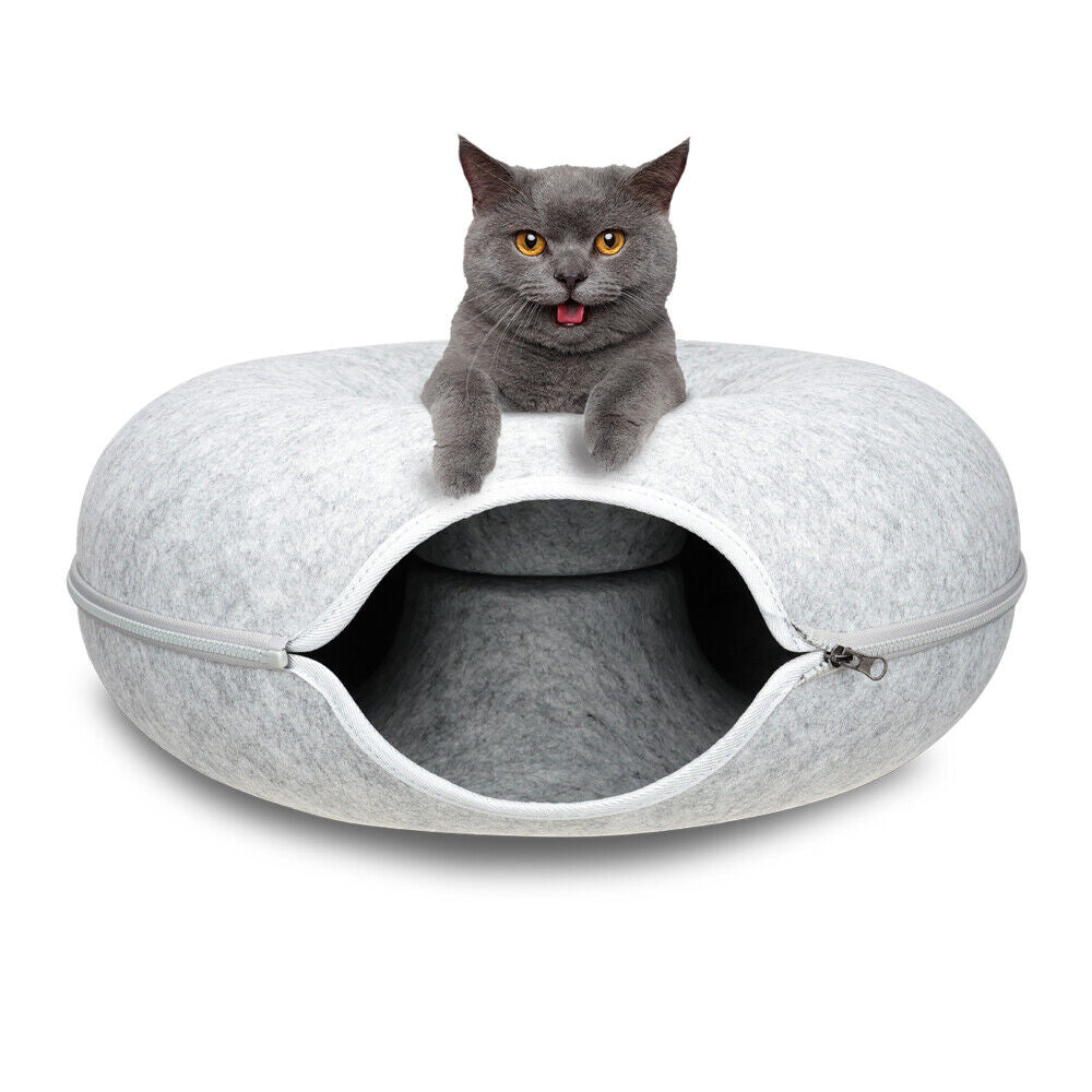 Medium Cat Tunnel Bed Light Grey Felt Pet Puppy Nest Cave House Interactive Toy