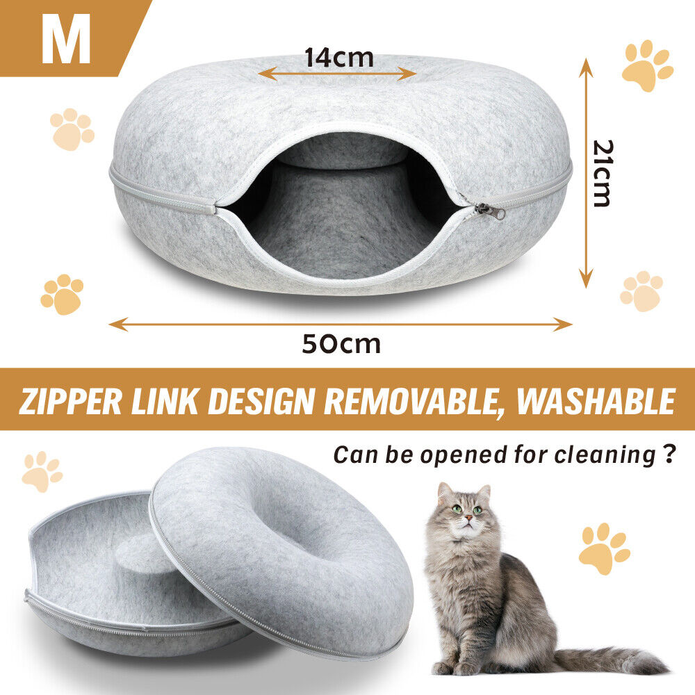 Medium Cat Tunnel Bed Felt Pet Puppy Nest Cave House Interactive Toy - Light Grey