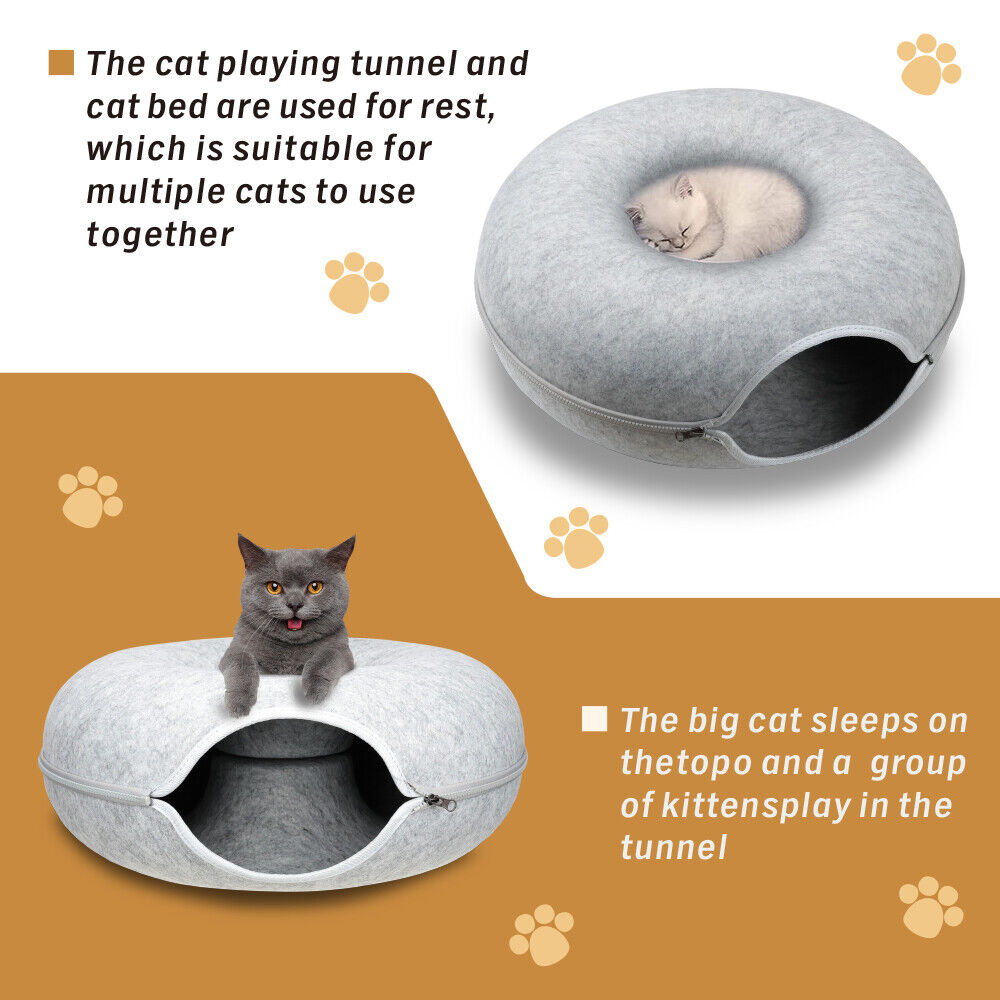 Medium Cat Tunnel Bed Felt Pet Puppy Nest Cave House Interactive Toy - Light Grey