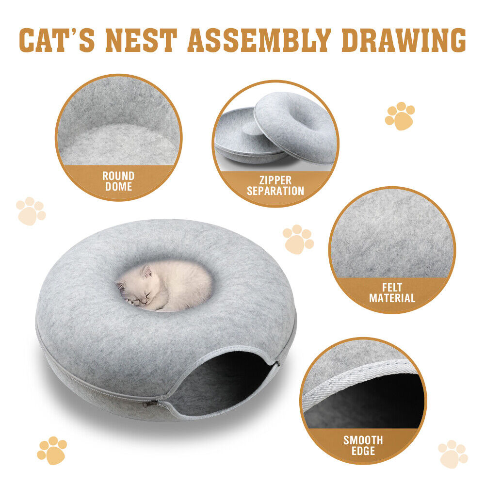 Medium Cat Tunnel Bed Felt Pet Puppy Nest Cave House Interactive Toy - Light Grey