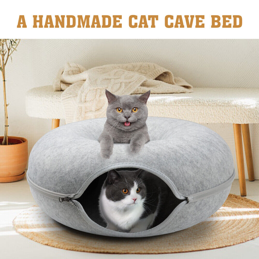 Medium Cat Tunnel Bed Felt Pet Puppy Nest Cave House Interactive Toy - Light Grey