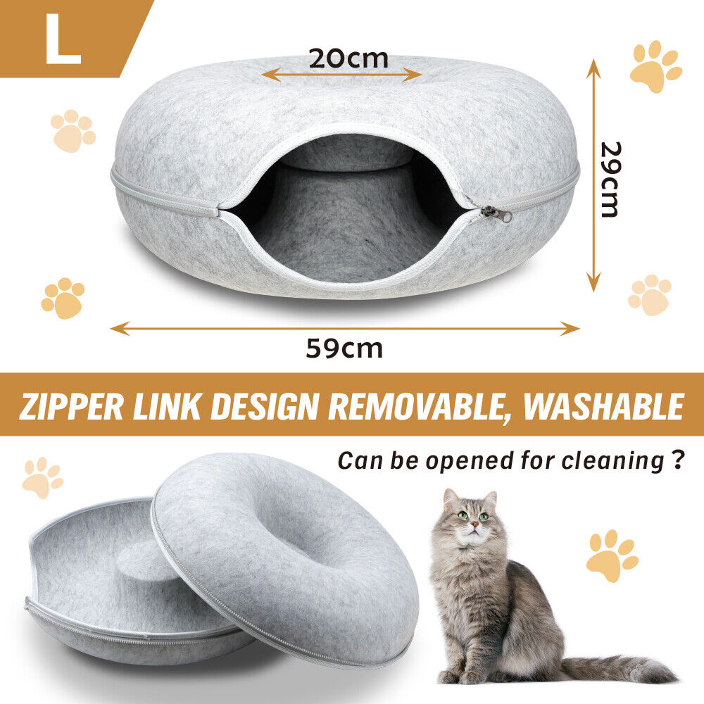 Cat Tunnel Bed Dark Grey Felt Pet Puppy Nest Cave Toy - Light Grey 59x29cm