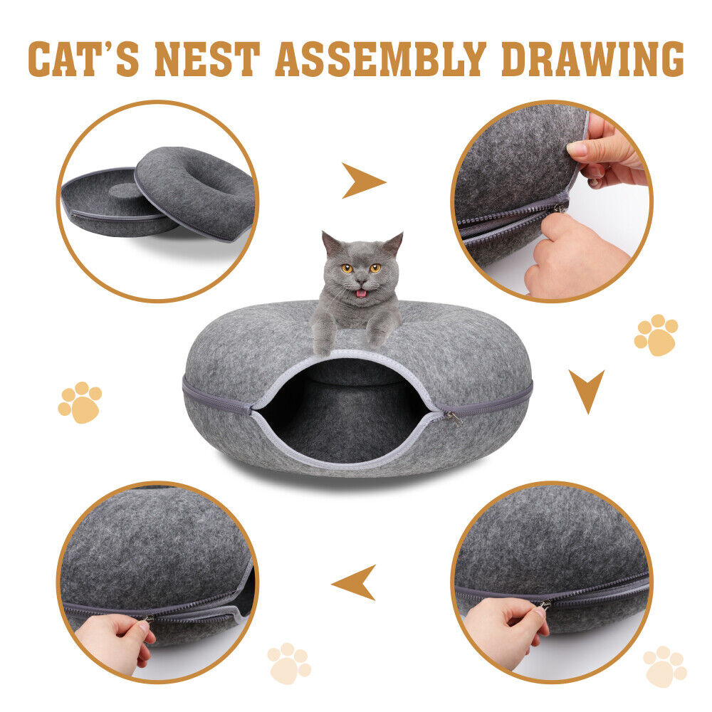 Cat Tunnel Bed Felt Pet Puppy Nest Cave House Round Donut Interactive Play Toy - 26823