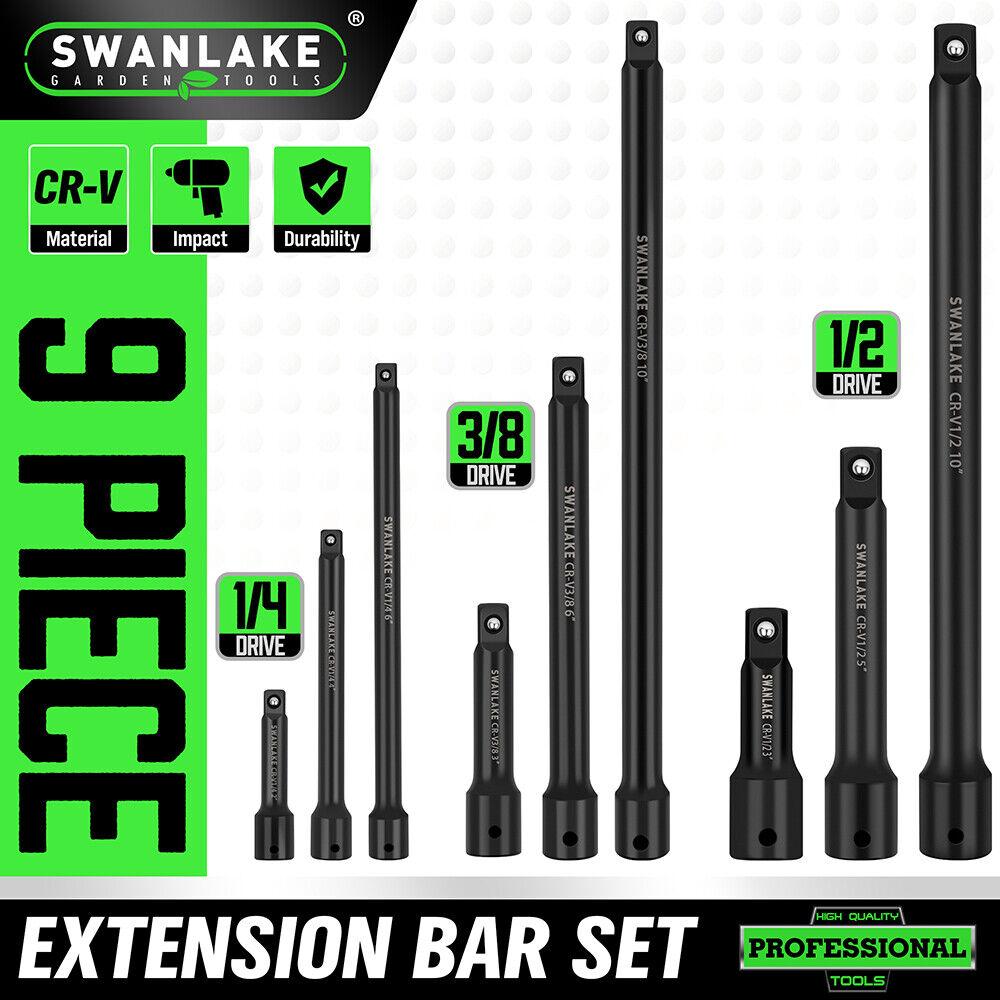 Extension Bar Set 9Pcs 1/4" 3/8" 1/2" Black Drive Socket for Auto Repair