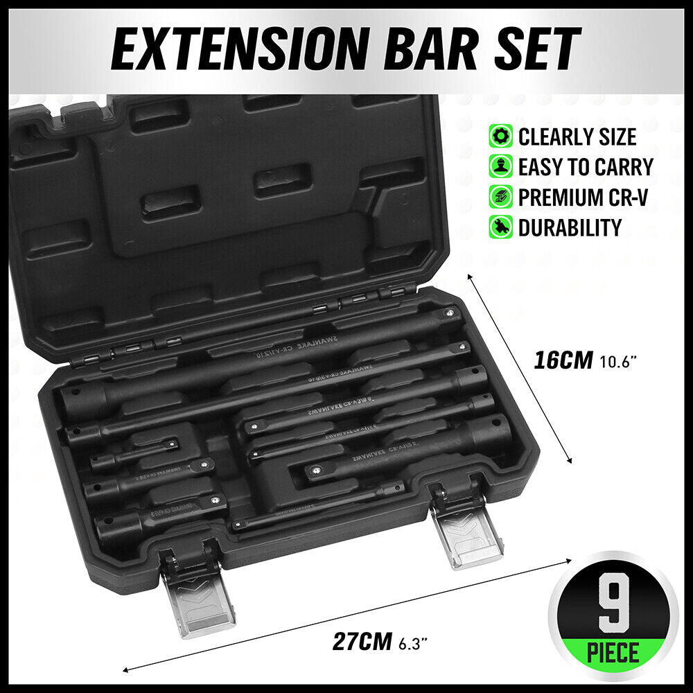 Extension Bar Set 9Pcs 1/4" 3/8" 1/2" Black Drive Socket for Auto Repair