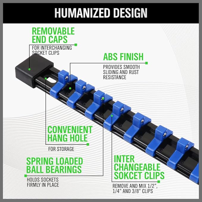 SWANLAKE Organizer Socket Holder 9PCS - 1/4-Inch x 48 Clips, 3/8-Inch x 45 Clips, 1/2-Inch x 36 Clips, Premium Quality Socket Clip Rail Holder