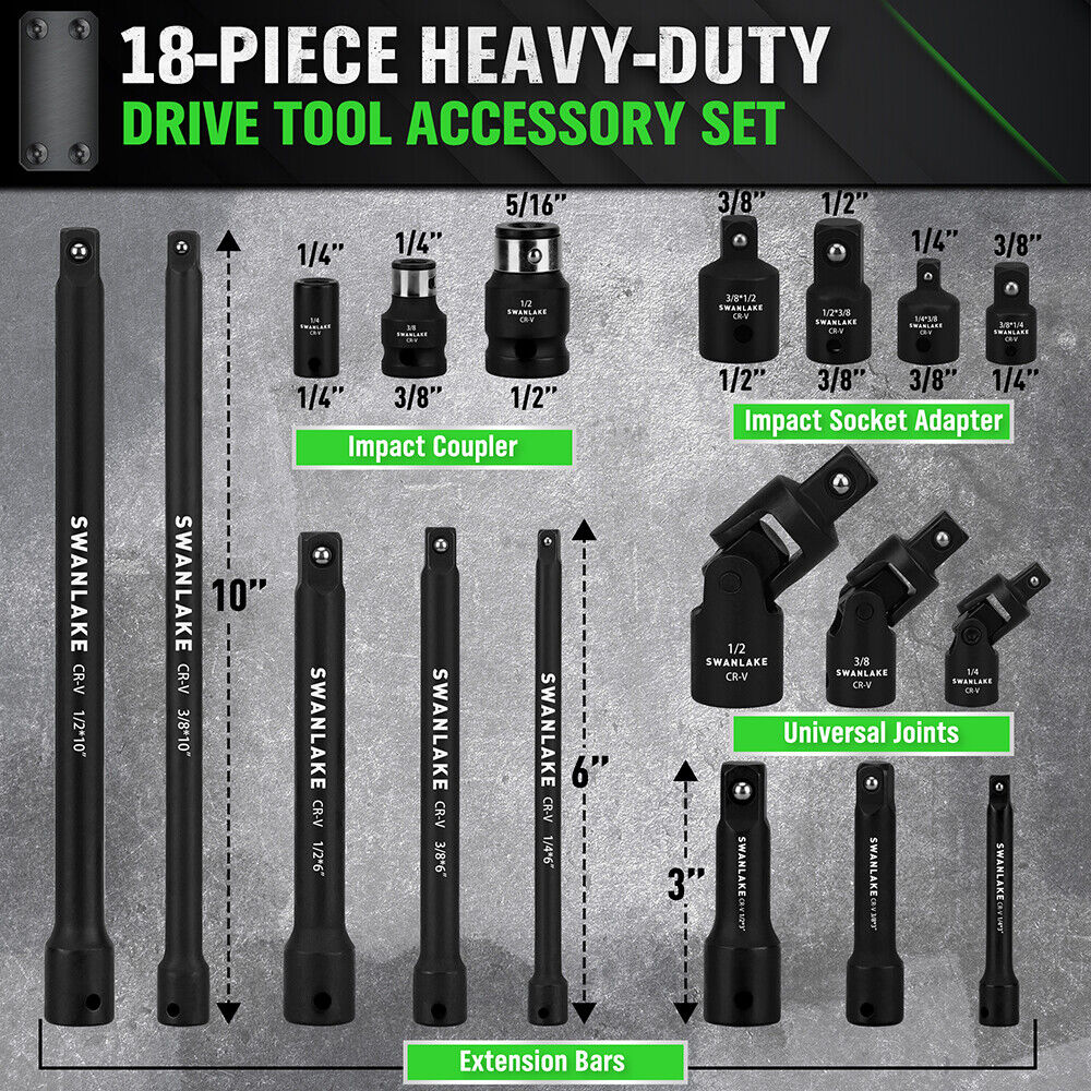 SWANLAKE 18Pcs Drive Tool Accessory Set with Extension Bars and Universal Joint