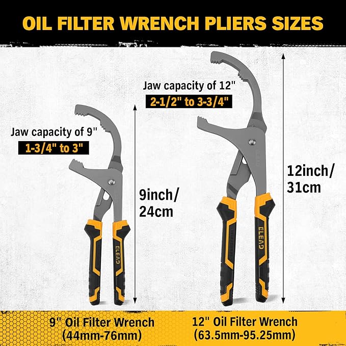 Oil Filter Wrench Set Adjustable - 9" & 12" Pliers for Cars, Trucks, Motorcycles - Durable Carbon Steel, Ergonomic Grip, Easy Access Design