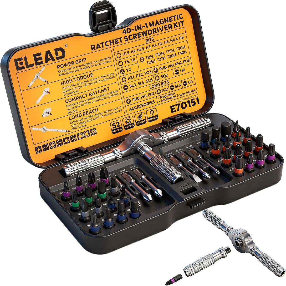 ELEAD 40in1 Ratchet Screwdriver Set Magnetic Precision Bits Adjustable T Handle