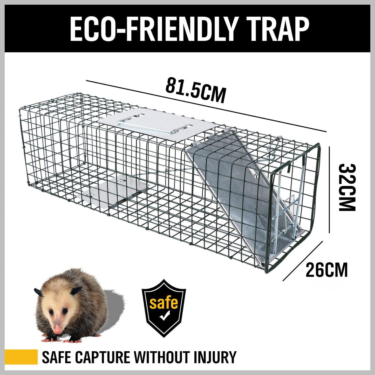 Animal Trap Cage Humane Live Steel Catch Possum Fox Rat Cat Rabbit 81.5x26x32CM