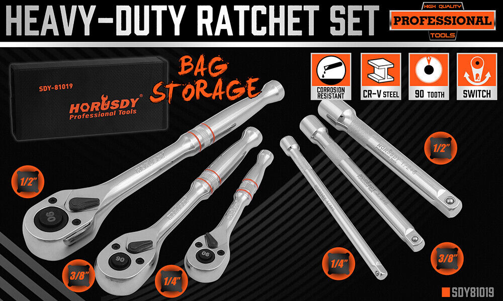 Mini Ratchet Spanner 1/2 3/8 1/4 Drive 90 Tooth Extension Bar Workshop with Bag