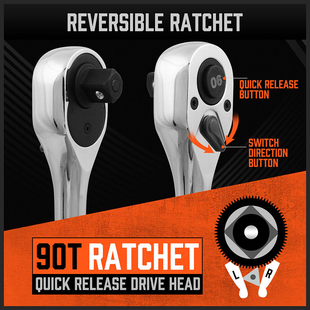 Mini Ratchet Spanner 1/2 3/8 1/4 Drive 90 Tooth Extension Bar Workshop with Bag