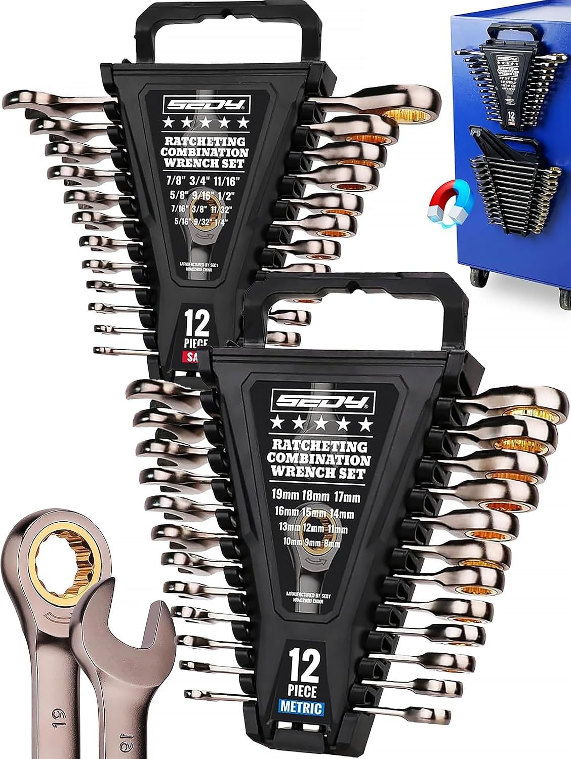 SEDY 24-Piece Ratchet Spanners Set with Magnetic Organizer, SAE 1/4"-7/8" & Metric 8mm-19mm, Cr-V Steel Ratcheting Spanner Set