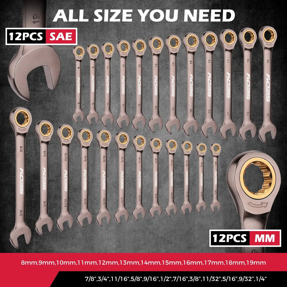 SEDY 24-Piece Ratchet Spanners Set with Magnetic Organizer, SAE 1/4"-7/8" & Metric 8mm-19mm, Cr-V Steel Ratcheting Spanner Set
