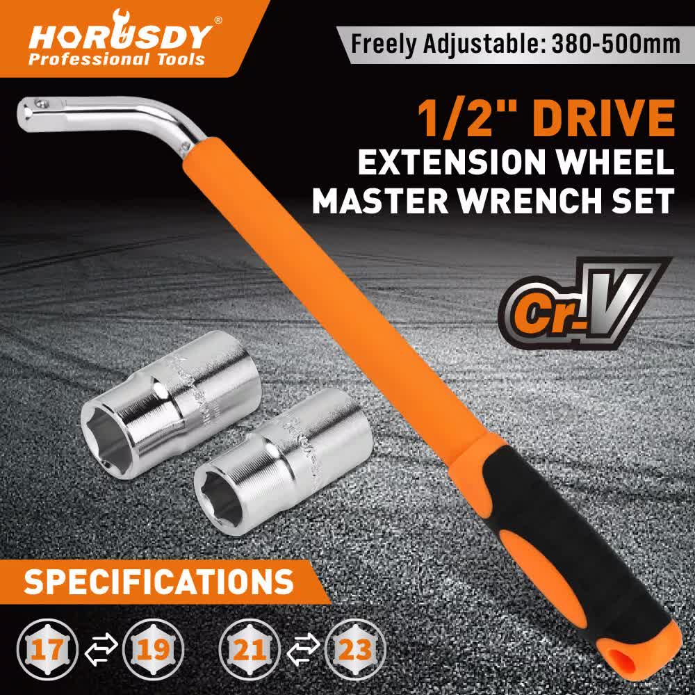 HORUSDY 1/2" Drive Telescopic Wheel Wrench Set, Adjustable 380–500mm Extension Wheel Brace with 17/19/21/23mm Deep Sockets, Cr-V Steel Tyre Wrench for Cars & SUVs