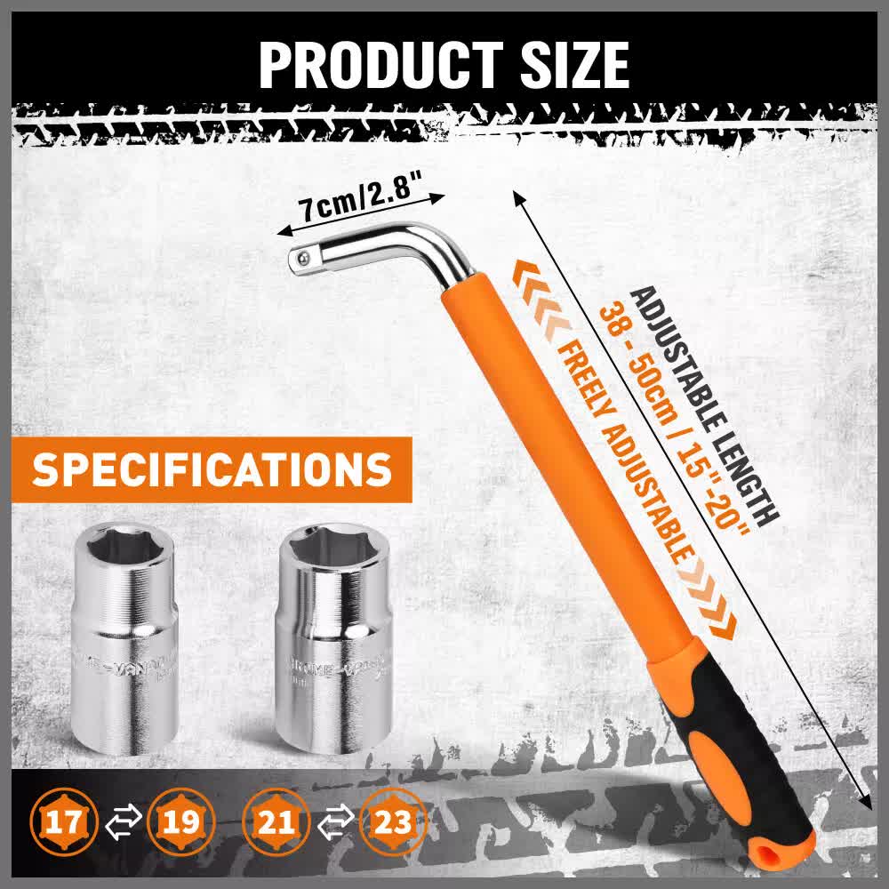 HORUSDY 1/2" Drive Telescopic Wheel Wrench Set, Adjustable 380–500mm Extension Wheel Brace with 17/19/21/23mm Deep Sockets, Cr-V Steel Tyre Wrench for Cars & SUVs