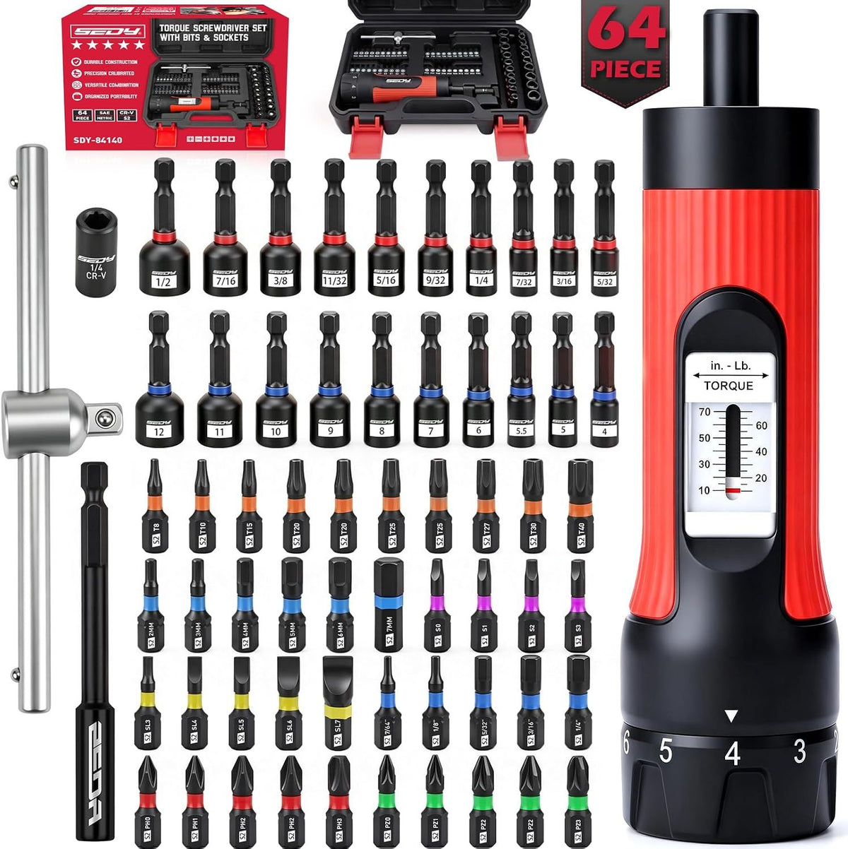 SEDY 64Pcs Torque Screwdriver Set 10-70 in-lb S2 Bits Magnetic Nut Driver Kit