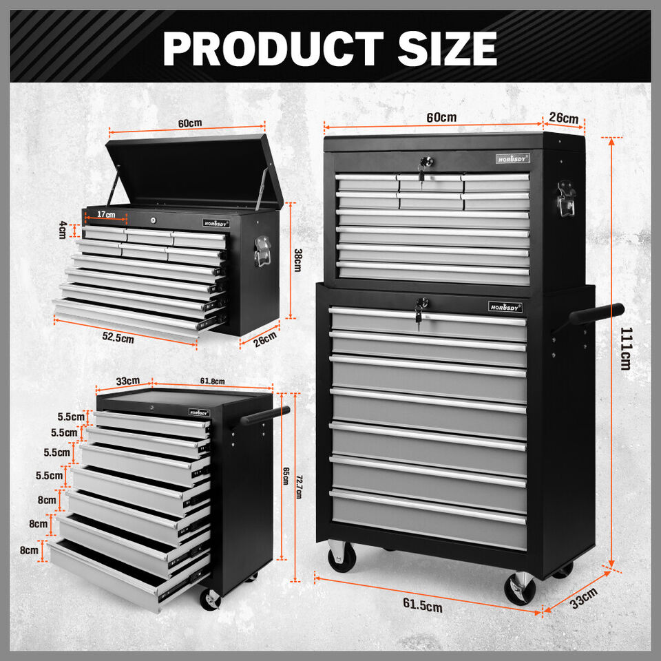 Tool Box Trolley Cabinet Storage Cart Garage Toolbox Organiser 17 Drawer - Grey